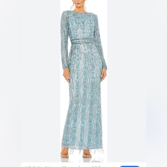 NWT Mac Duggal 5980 Size 6 High Neck Crystal Fringe French Blue Beaded - Picture 1 of 9
